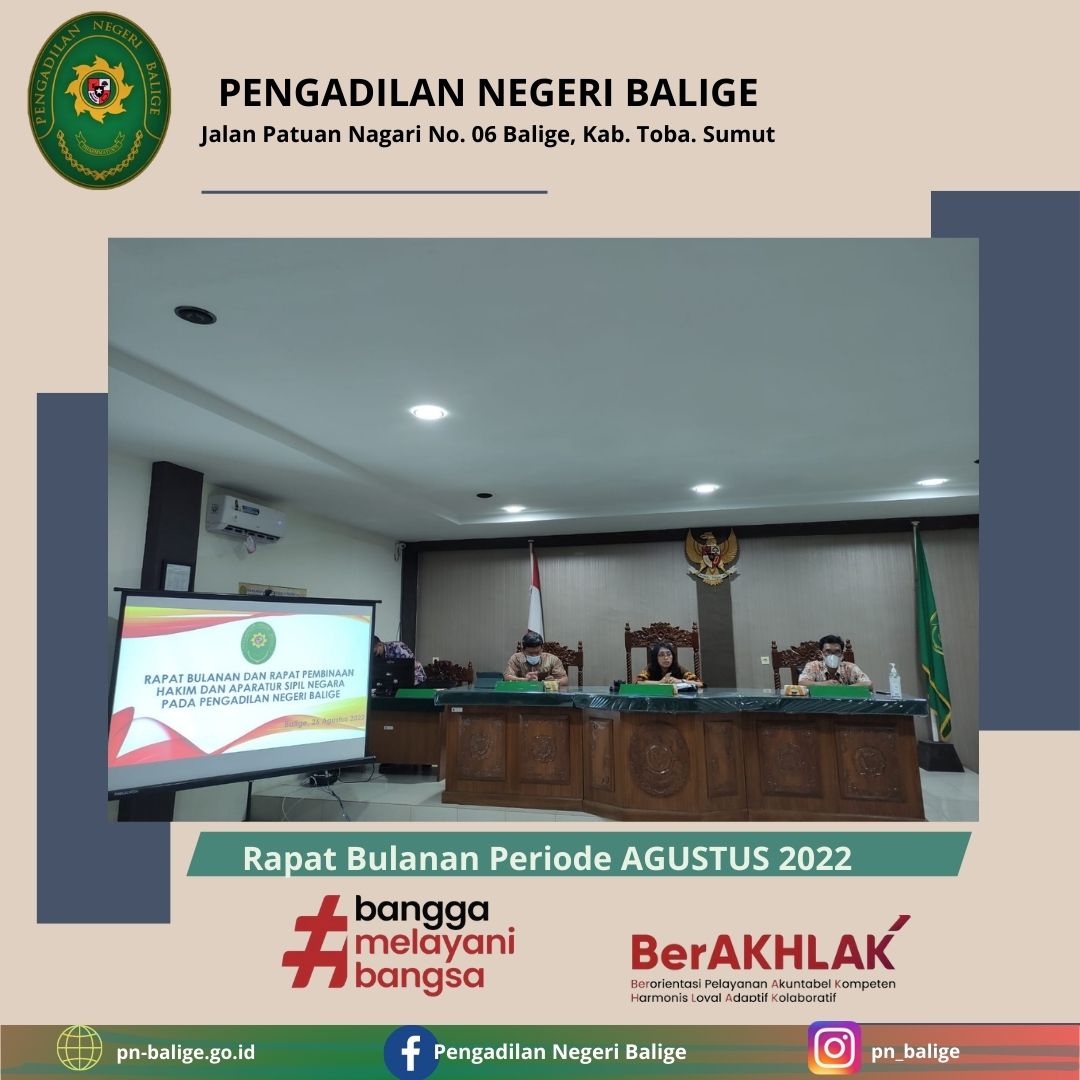 Rapat Bulanan dan Pembinaan Pengadilan Negeri Balige Periode Agustus 2022